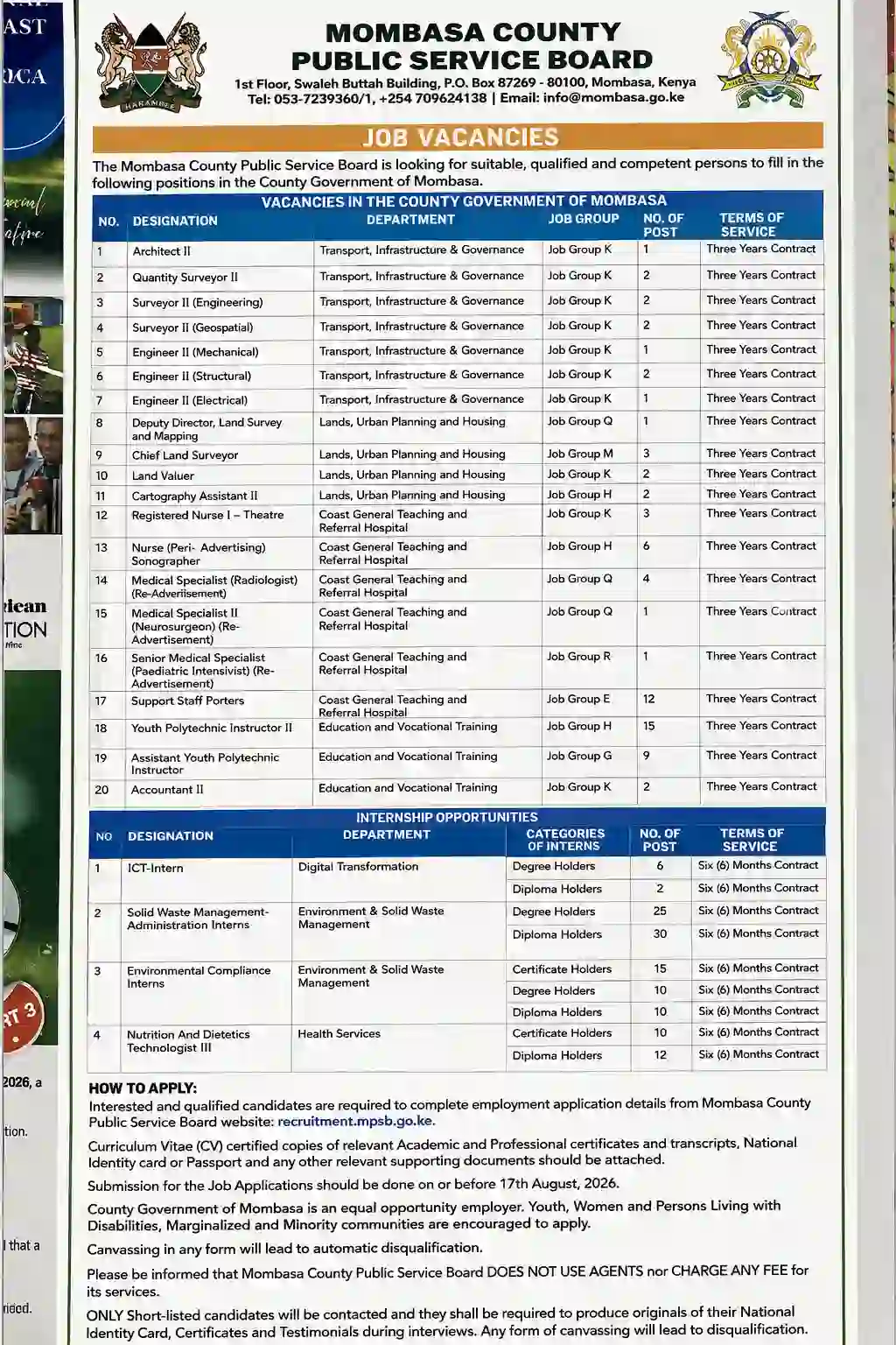 Mombasa County Government Jobs & Internship Opportunities
